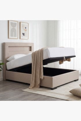 bézs színű tárolós ágy 120x200 cm matraccal és beépített led